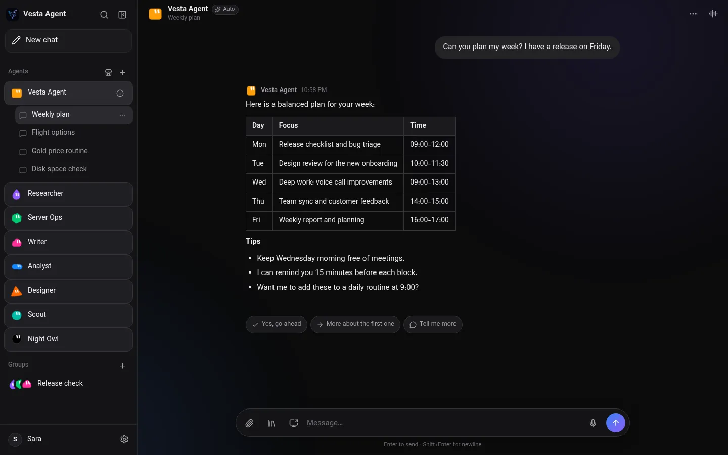 Vesta Agent chat with a weekly plan