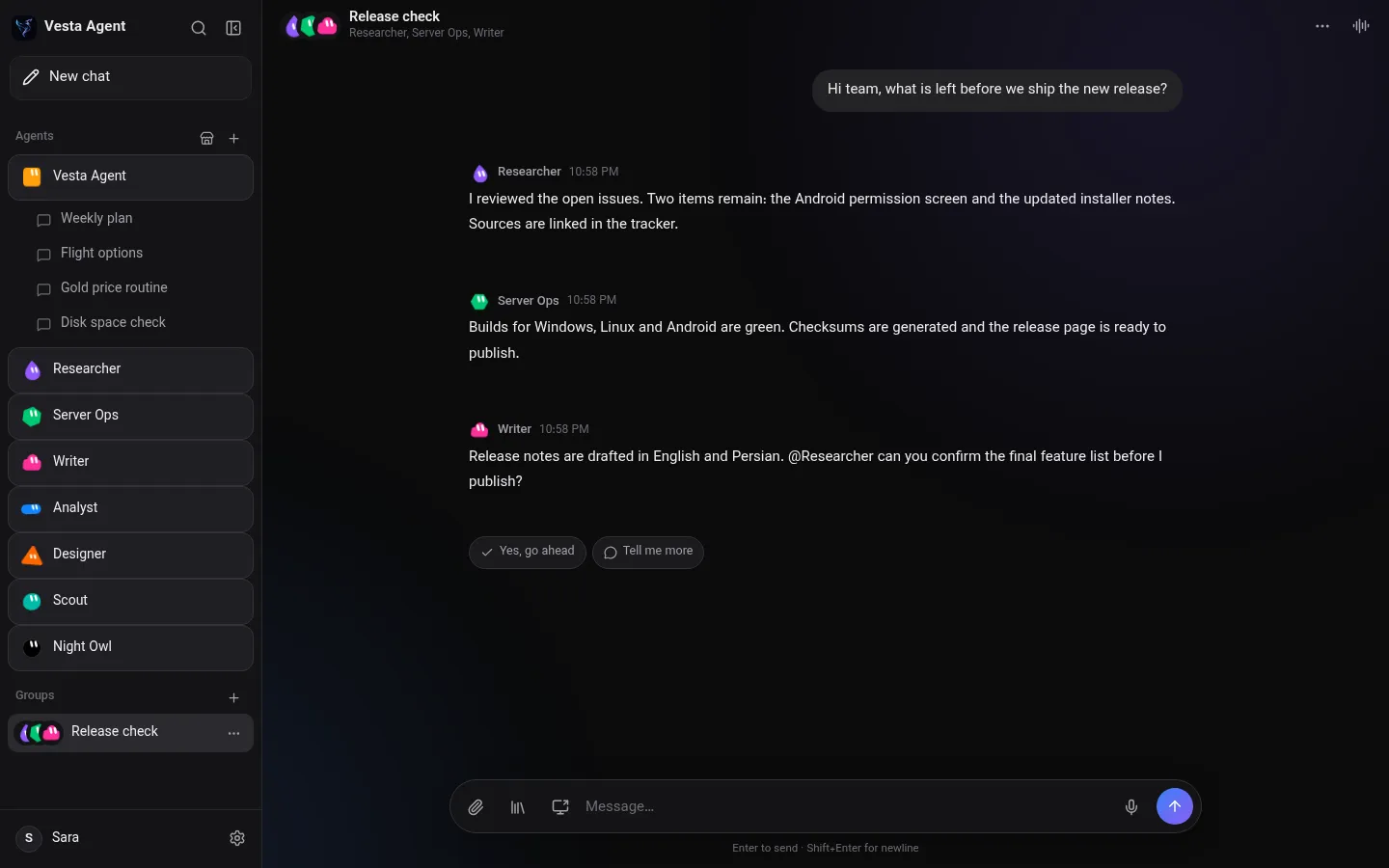 Group chat where Researcher, Server Ops and Writer split a task