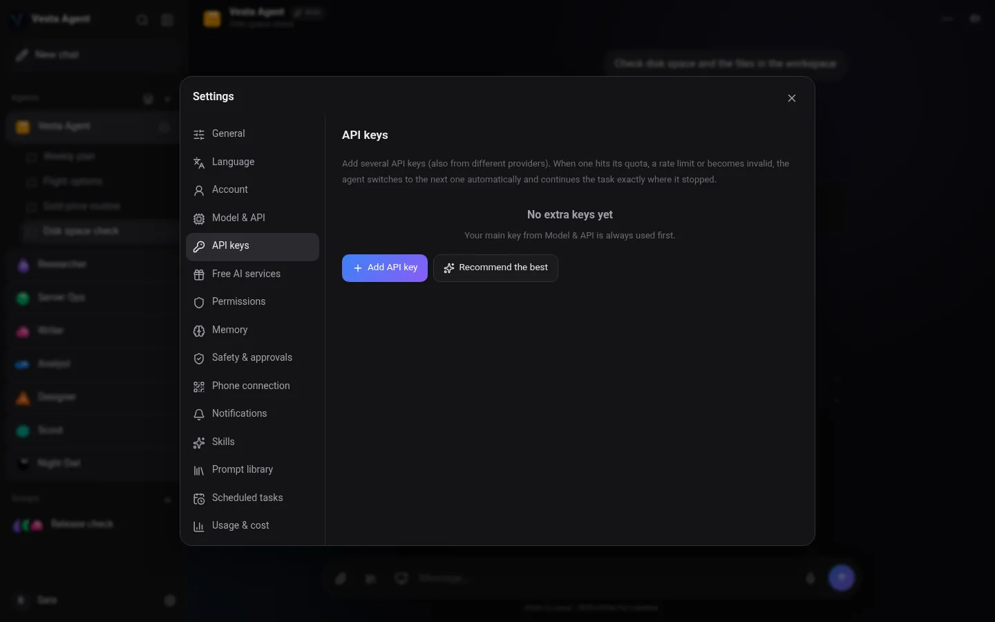 Vesta Agent API keys settings