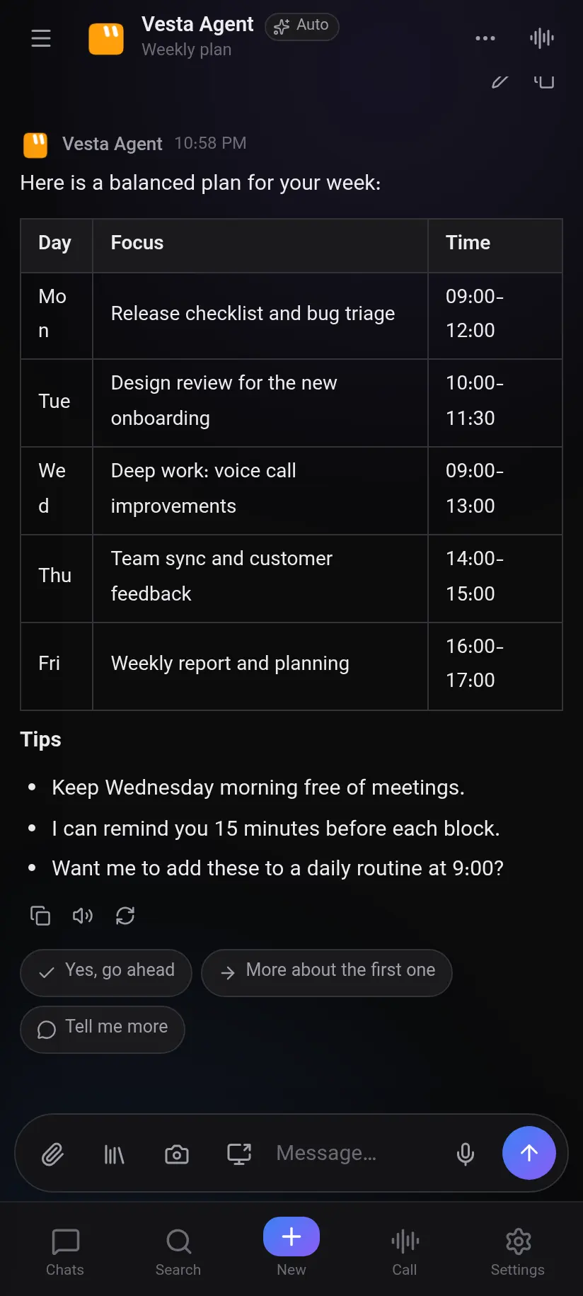 Vesta Agent on Android: Chat