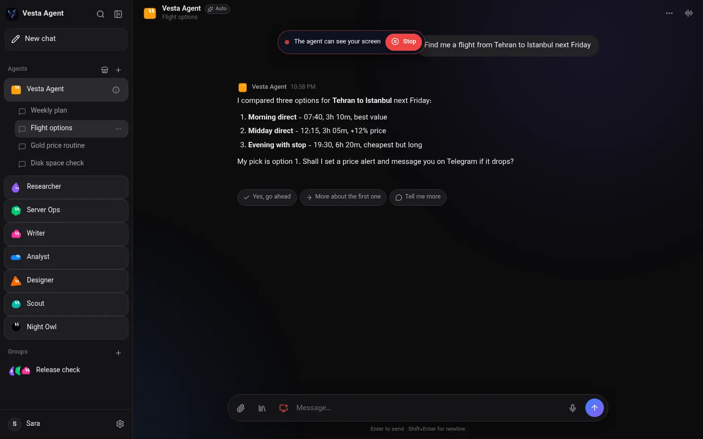 Vesta Agent chat while the agent can see the screen