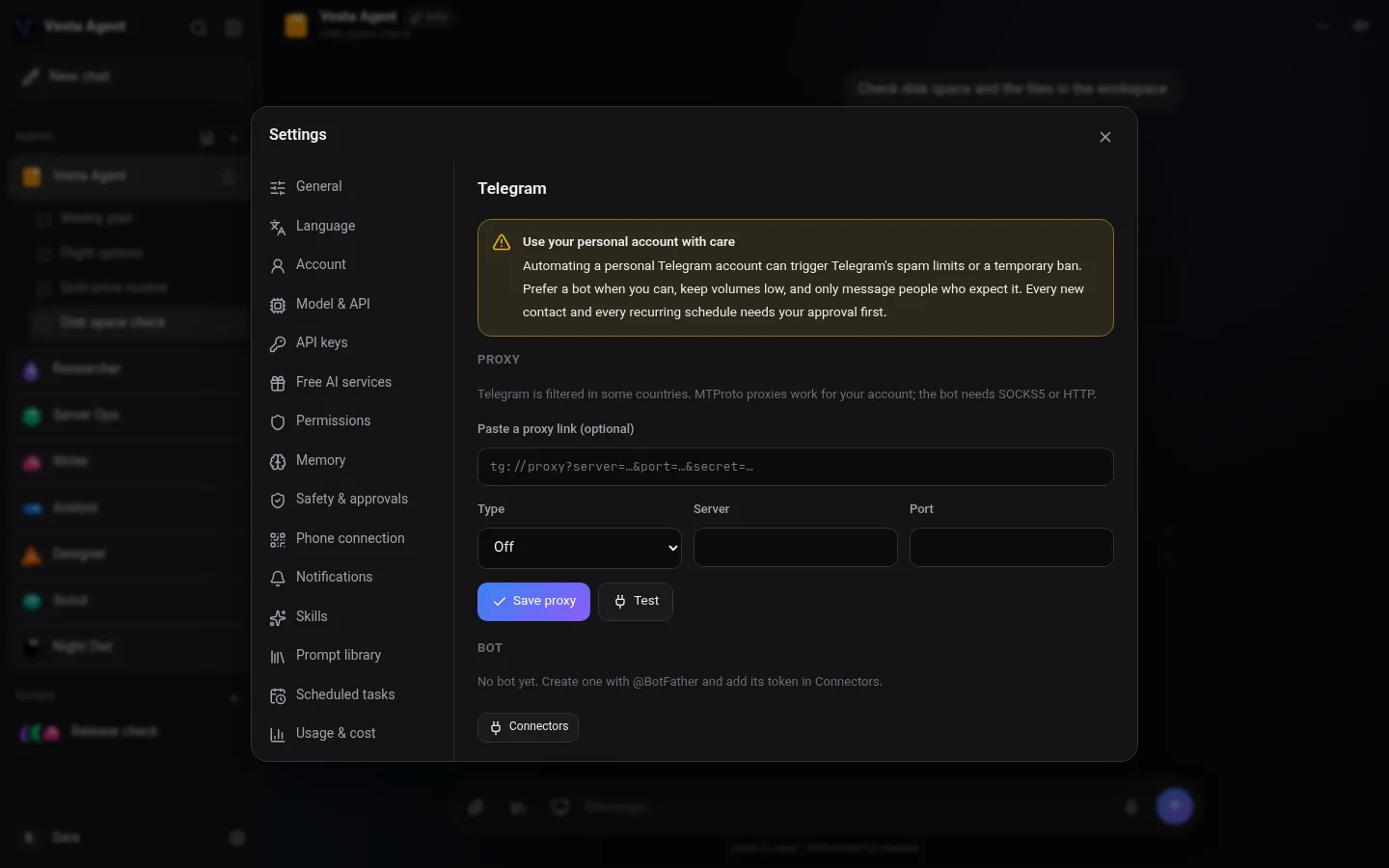 Telegram settings