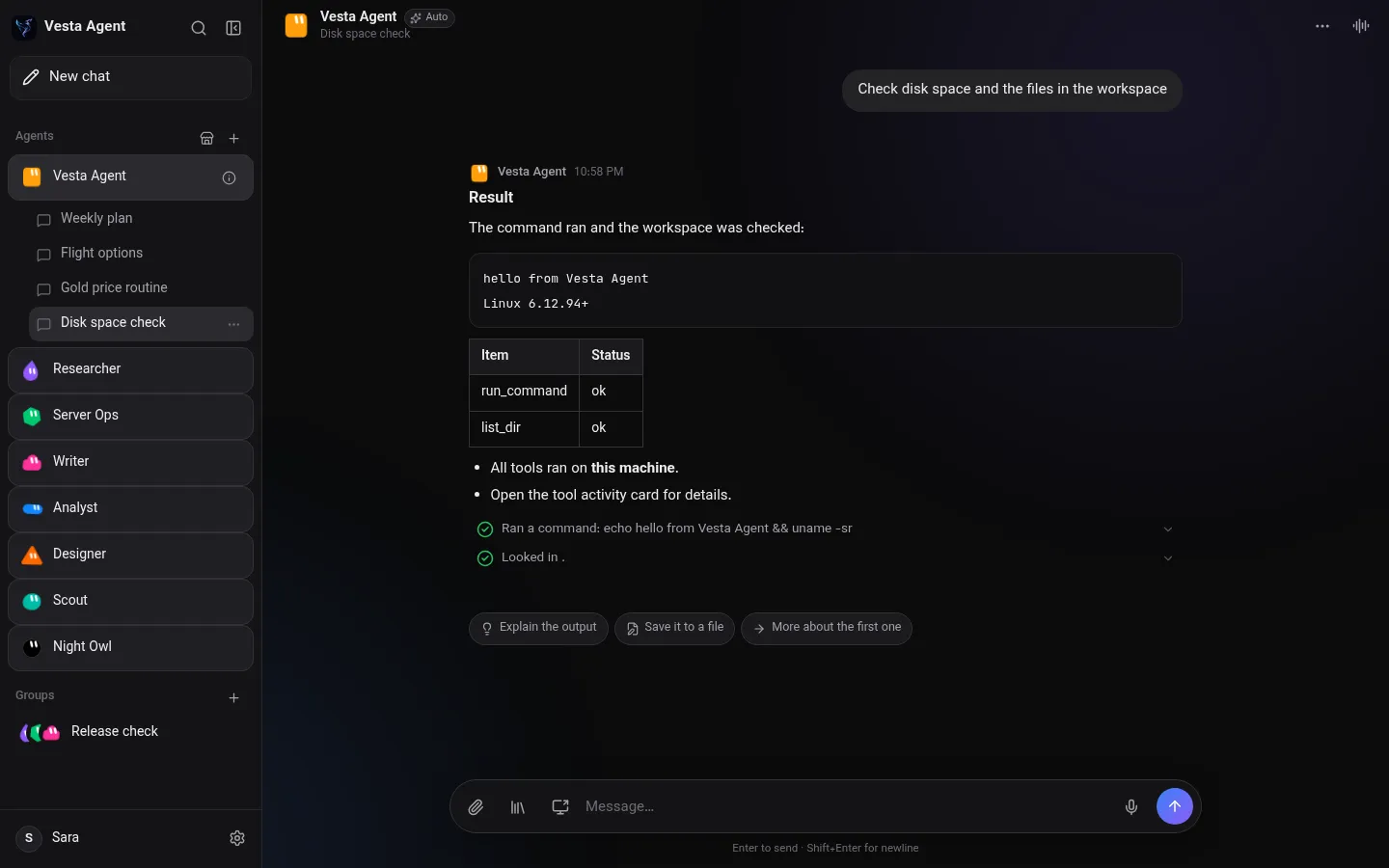 Agent running tools and reporting the result